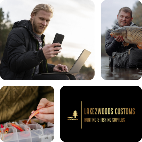 Man on phone, man holding fish, person looking at baits, and Lake2Woods logo